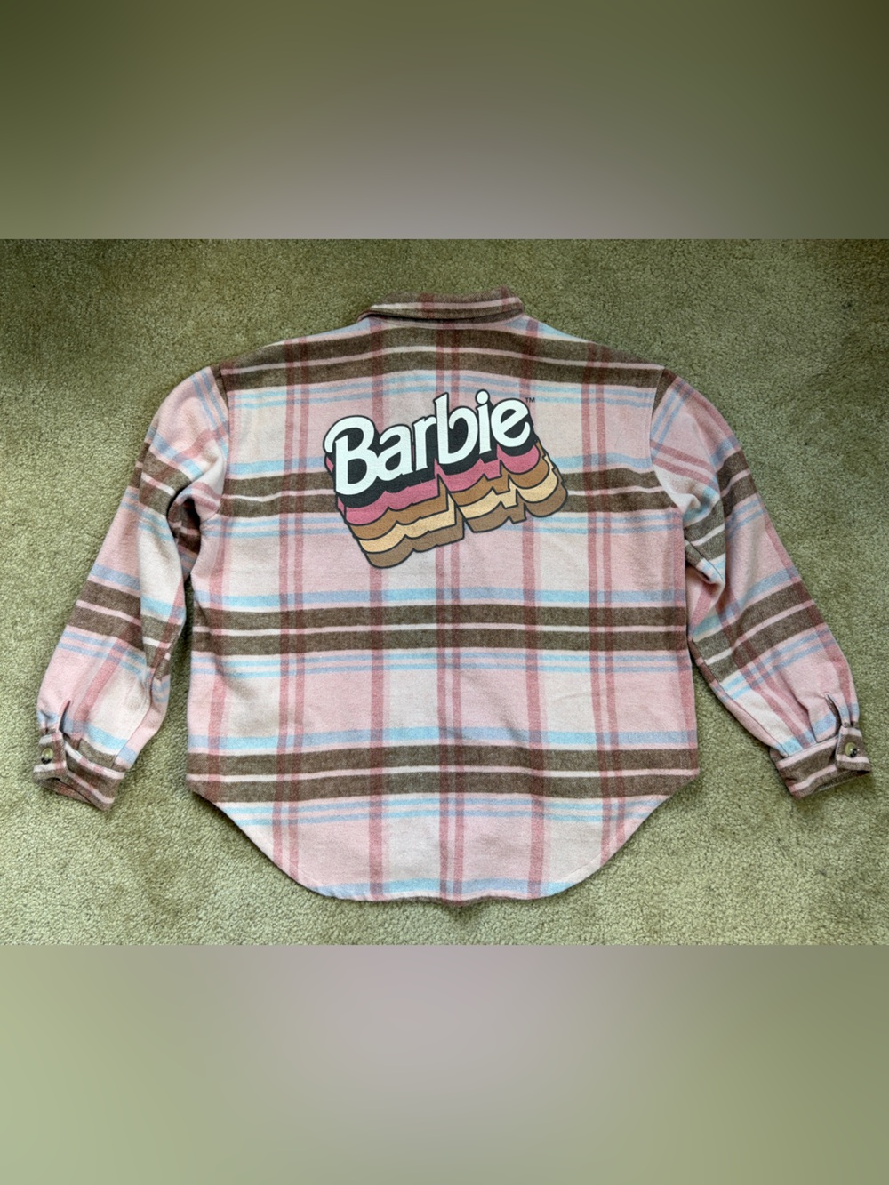 Barbie Pink and Brown Plaid Oversized Flannel Button Up Shirt